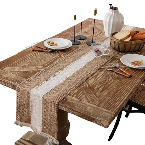 

Table Runner Cotton Line Farmhouse Style Table Decor Cover for Wedding Party Tea Party Festival Khaki