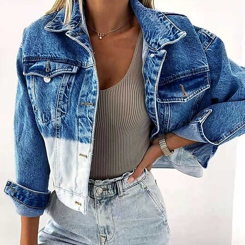 

Women's Jacket Denim Jacket Daily Fall Regular Coat Regular Fit Warm Casual Jacket Long Sleeve Color Block Patchwork Blue