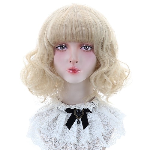 

Blonde Wigs with Bangs Short Wavy Synthetic Ash Blonde Brown Ginger Dun Hair Bob Wigs with Blunt Bangs for Women Lolita Cosplay Costume