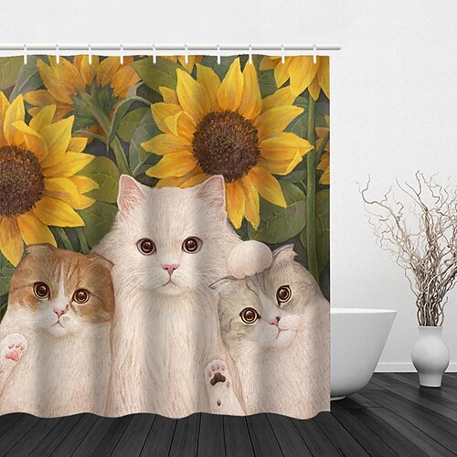 

Animal Collection Cute Cat Print Four Piece Shower Curtain Hook Modern Polyester Machined Waterproof Bathroom