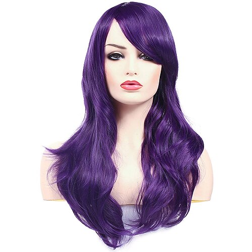 

Perruques violet foncé longue perruque grande vague cheveux raides synthétiques résistants à la chaleur avec une frange pour femme cosplay costume fête d'halloween