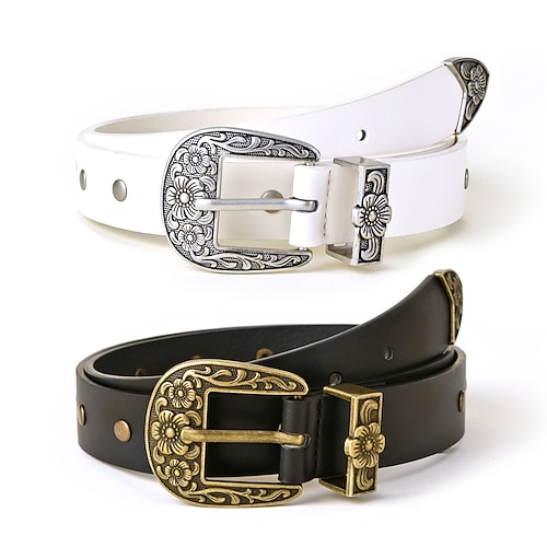 

2 PCS Women's PU Buckle Belt PU Leather Metal Bucke Geometric Engraved Embossed Casual Classic Gift Holiday Black / White