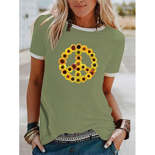 

Women's T shirt Tee Green Yellow Beige Sunflower Peace & Love Print Short Sleeve Casual Holiday Basic Round Neck Regular Floral Painting S