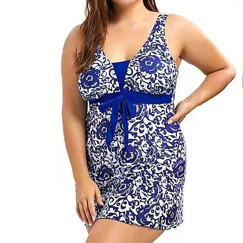 

Women's Swimwear One Piece Swim Dress Plus Size Swimsuit Backless Polka Dots Lace up Printing for Big Busts Floral Polka Dot Black Blue Dusty Blue Padded V Wire Bathing Suits New Stylish Vacation