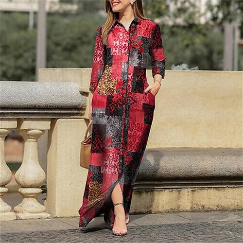 

Women's Casual Dress Sheath Dress Long Dress Maxi Dress Pink Yellow Red 3/4 Length Sleeve Print Winter Fall Autumn Shirt Collar Weekend Linen S M L XL XXL 3XL 4XL 5XL