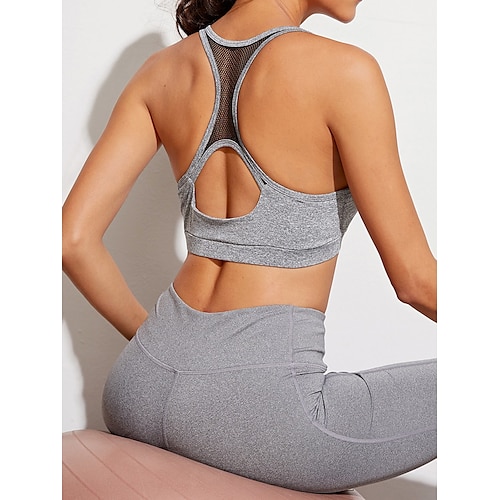 

Women's Strap Sports Bra Yoga Top Padded Bra Summer Cut Out Patchwork Solid Color Gray Mesh Yoga Fitness Gym Workout Sports Bra Top Sleeveless Sport Activewear Breathable Quick Dry Comfortable High