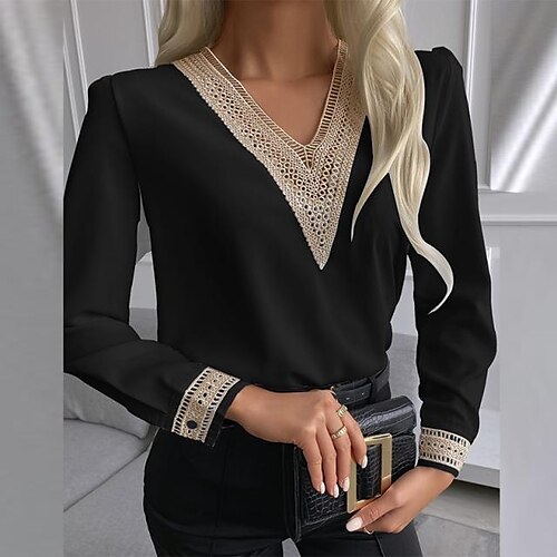

Women's Blouse Shirt Green Blue Khaki Plain Lace Trims Long Sleeve Daily Weekend Streetwear Casual V Neck Regular S