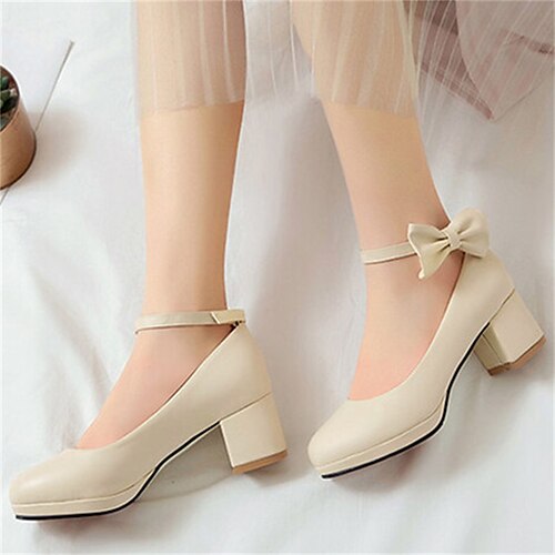 

Femme Chaussures à Talons du quotidien Eté Noeud Talon Bottier Bout rond Doux Faux Cuir Lanière de cheville Couleur Pleine Blanche Beige