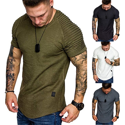 

Herren T Shirt Glatt Schlankes Plissee Rundhalsausschnitt Casual Festtage Kurzarm Plissee-Ärmel Bekleidung Baumwolle Sport Modisch Leicht Groß und hoch