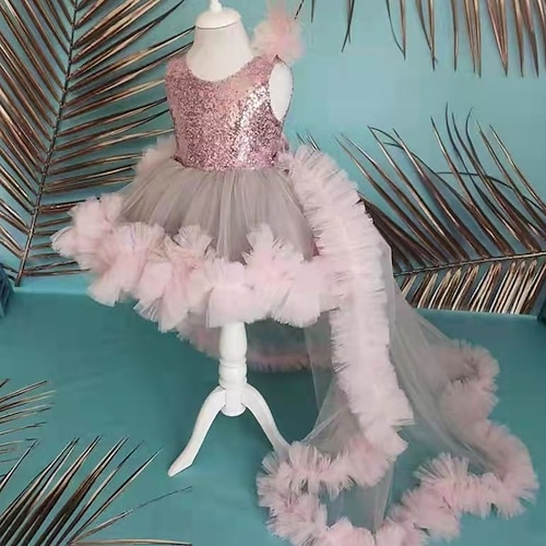 

Meninas Vestido A Line Vestido De Tule Sem Manga Cor Sólida Gráfico impresso em 3D Vestidos Estilo bonito Princesa Assimétrico Misto de Algodão Vestido Verão Outono Infantil Aniversário Normal Paetês