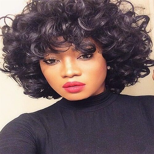 

Short Curly Wigs for Black Women Afro Kinky Curly Hair Wigs for Black Women with Bangs Natural Heat Resistant Synthetic Bob Hair Wigs for Daily Party Halloween C001BK