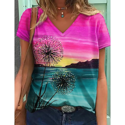 

Women's T shirt Tee Green Blue Purple Scenery 3D Print Short Sleeve Casual Holiday Basic V Neck Regular Floral 3D Printed Painting S