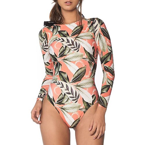 

Women's One Piece Swimsuit Backless Bodysuit Bathing Suit Floral / Botanical Swimwear Green Pink Breathable Quick Dry Elastic Long Sleeve - Swimming Surfing Beach Autumn / Fall Spring / Summer