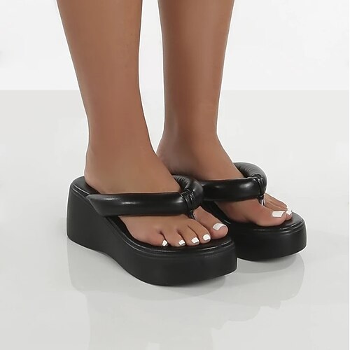 

Women's Slippers Daily Flip-Flops Outdoor Slippers Platform Slippers Summer Wedge Heel Minimalism PU Leather Loafer Solid Colored Black Beige Coffee