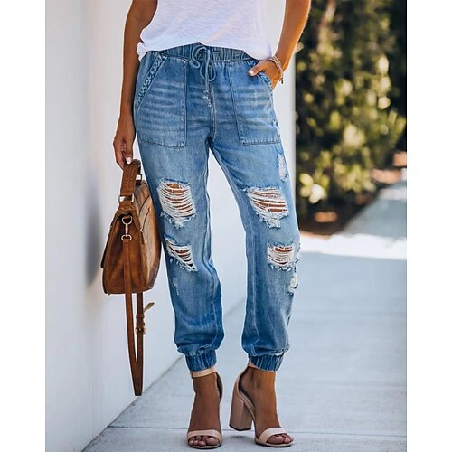 

Women's Pants Trousers Jeans Distressed Jeans Denim Dark Blue Light Blue Mid Waist Fashion Casual Weekend Side Pockets Cut Out Micro-elastic Ankle-Length Comfort Plain S M L XL XXL