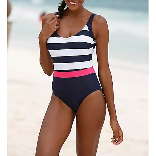 

Women's Swimwear One Piece Monokini Bathing Suits Normal Swimsuit Tummy Control High Waisted Striped Dusty Blue Padded V Wire Bathing Suits Sports Vacation Sexy / Strap / New / Strap