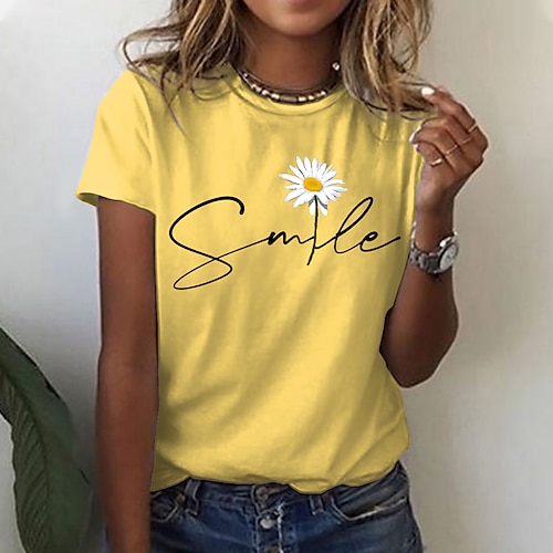 Women's T shirt Tee Pink Yellow Navy Blue Daisy Print Short Sleeve Casual Weekend Basic Round Neck Regular Cotton Floral Painting S