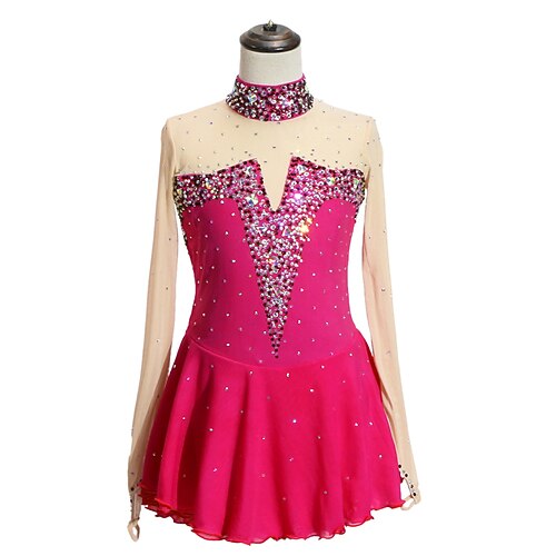 

Figure Skating Dress Women's Girls' Ice Skating Dress Outfits Rose Red Mesh Spandex High Elasticity Competition Skating Wear Handmade Crystal / Rhinestone Long Sleeve Ice Skating Figure Skating