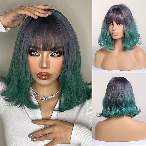 

Short Bob Synthetic Wigs Medium Wavy Ombre Gray Purple Green Hair Wig For Women With Bangs Cosplay Party Daily Heat Resistant
