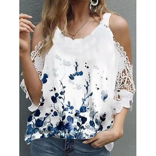 

Women's Blouse Shirt White Flower Print Half Sleeve Daily Round Neck Regular S / 3D Print