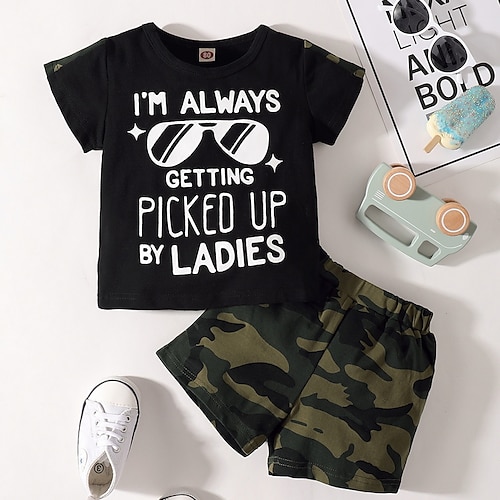 

2 pezzi Bambino Da ragazzo T-shirt e pantaloncini Completo Vestito Alfabetico Camouflage Manica corta Stampa Cotone Impostare Esterno Giornaliero Informale Primavera Estate 1-5 anni Nero