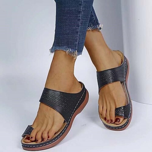 

Women's Sandals Flats Slippers Plus Size Daily Summer Flat Heel Round Toe Minimalism PU Leather Solid Colored Dark Brown Black Red