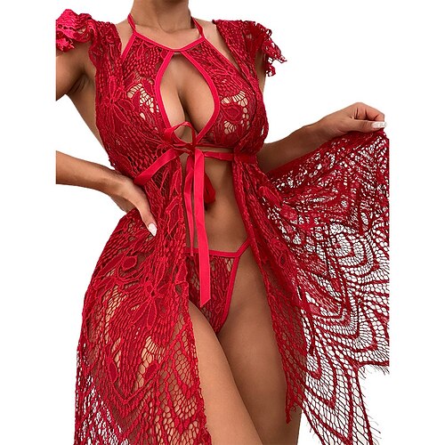 

Women's Sexy Lingerie Chemises & Negligees 3 Pieces Pure Color Sexy Uniforms Lovers Fashion Home Vacation Valentine's Day Lace Breathable Halter Neck Sleeveless Backless Lace up Spring Summer Red