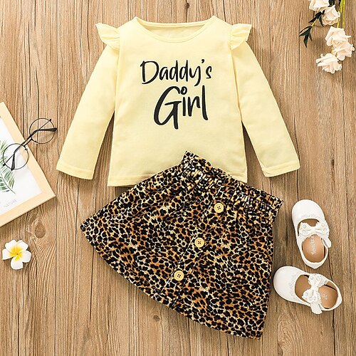 

Kids Girls' T-shirt Skirt Clothing Set 2 Pieces Long Sleeve Beige Leopard Letter Print Street Outdoor Active Daily Regular 2-6 Years