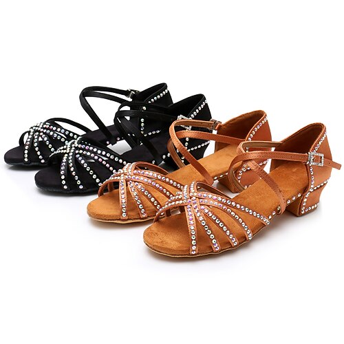 

Girls' Latin Shoes Ballroom Shoes Performance Professional Ballroom Dance Party / Evening Professional Rhinestone Crystals / Rhinestones Thick Heel Round Toe Buckle Kid's Children's Black Brown