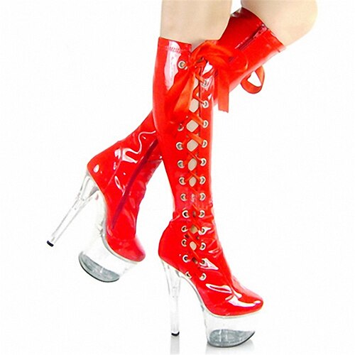 

Women's Boots Daily Beach Stripper Boots Lace Up Boots Knee High Boots Crotch High Boots Pumps Round Toe Closed Toe PU Leather Zipper Solid Colored Red