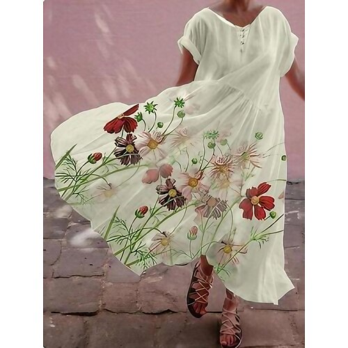 

Per donna Abito casual Abito lungo Abito lungo Bianco Manica corta Floreale Primavera Estate Informale 2023 S M L XL XXL XXXL