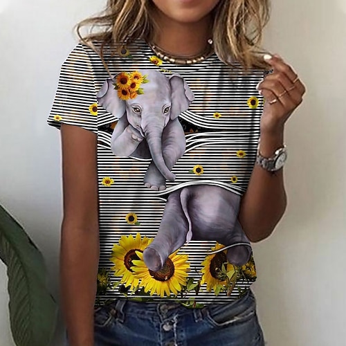 

Women's T shirt Tee Gray Animal Sunflower Print Short Sleeve Casual Weekend Basic Vintage Round Neck Regular Floral 3D Printed Painting S