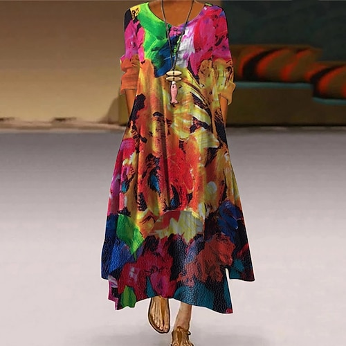 

robe longue Femme Robe casual Manches 3/4 Hiver Automne Poche Imprimer Floral Tie Dye Col Ras du Cou Ample 2022 Vert Jaune Arc-en-ciel S M L XL XXL 3XL 4XL 5XL