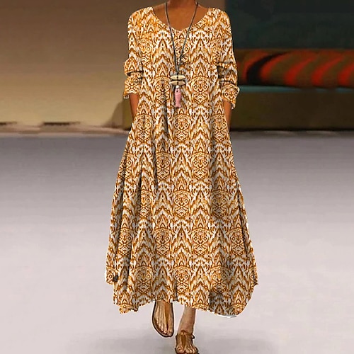 

Women's Casual Dress Swing Dress Boho Dress Long Dress Maxi Dress Green Blue Purple Long Sleeve Geometric Pocket Winter Fall Autumn Crew Neck Winter Dress Weekend Fall Dress Loose Fit 2022 S M L XL