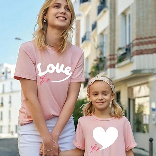 

Mommy and Me Valentines T shirt Tops Cotton Graphic Heart Letter Daily Print Black Pink Wine Short Sleeve Basic Matching Outfits / Summer / Casual