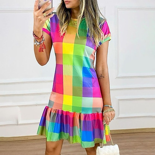 

Damen Bodycon Etuikleid Kariertes Kleid Midikleid Regenbogen Kurzarm Plaid Rüsche Frühling Sommer Rundhalsausschnitt Urlaub 2023 S M L XL XXL