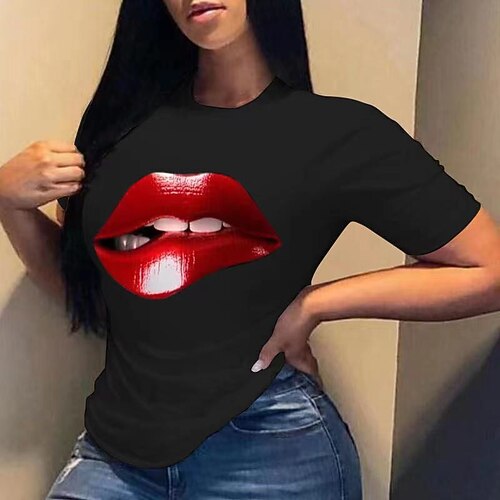 

Women's Plus Size Curve Tops T shirt Mouth Print Short Sleeve Crewneck Streetwear Daily Going out Spandex Spring Summer White Black