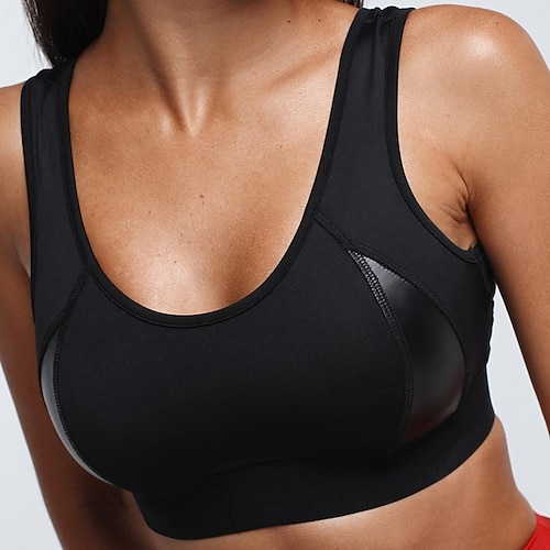 

Women's Sports Bra Medium Support Summer Cropped Patchwork Solid Color Black Yoga Fitness Gym Workout Bra Top Sport Activewear Breathable Quick Dry Comfortable Stretchy Slim / Removable Pad