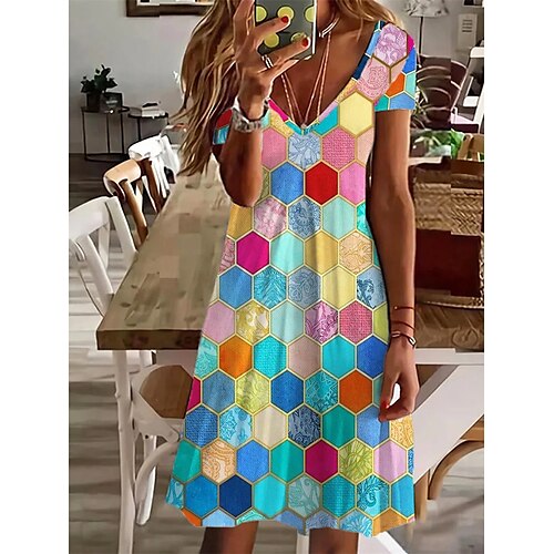 

Women's A Line Dress Knee Length Dress Rainbow Short Sleeve Geometric Print Spring Summer V Neck Basic 2022 S M L XL XXL 3XL / 3D Print