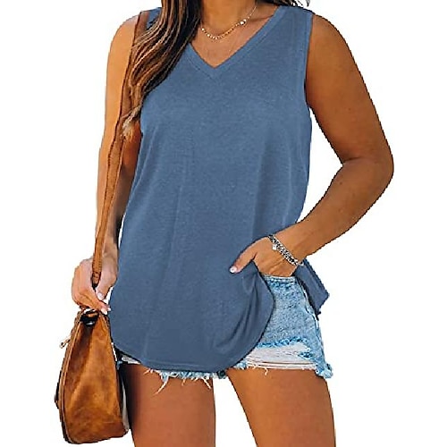 

Women V Neck Sexy Sleeveless Tee Shirts Basic Blouses Tunics Plus Size Tank Tops Blue T6 1X