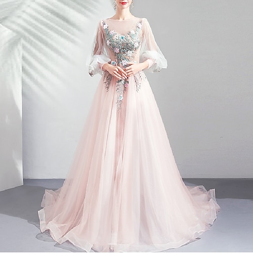 

A-Line Prom Dresses Floral Dress Prom Court Train Long Sleeve Jewel Neck Tulle with Embroidery Pure Color 2022 / Puff Balloon Sleeve