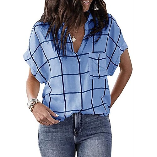 

Women's Blouse Shirt Blue Pink Army Green Plaid Color Block Patchwork Short Sleeve Casual Daily Vintage Casual Shirt Collar Cotton S