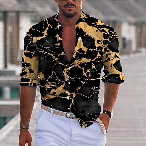 

Men's Shirt Graphic Shirt Marble Stand Collar Black 3D Print Outdoor Casual Long Sleeve Button-Down Print Clothing Apparel Fashion Designer Casual Comfortable / Sports