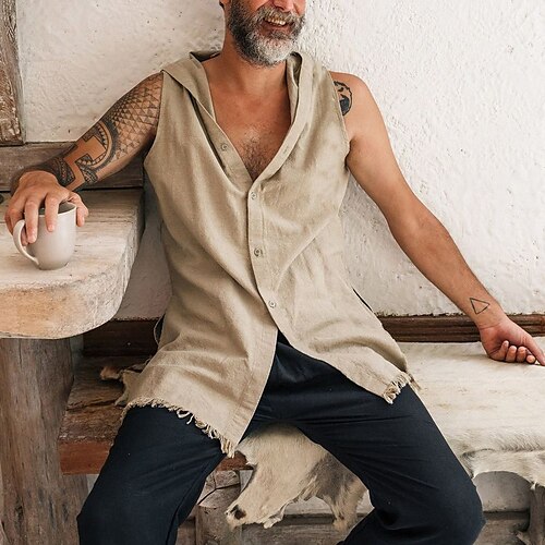 

Men's Casual Shirt Solid Color V Neck Beige Black Outdoor Street Sleeveless Button-Down Clothing Apparel Fashion Casual Breathable Comfortable