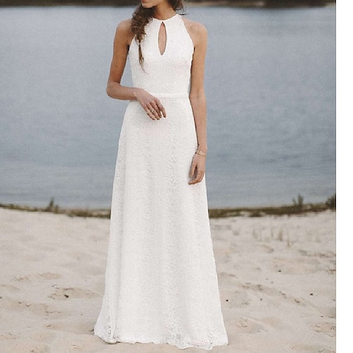 

A-Line Wedding Dresses Jewel Neck Court Train Lace Sleeveless Simple Beach with Pleats 2022