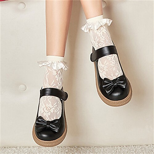 

Women's Lolita Shoes Daily Summer Bowknot Flat Heel Round Toe Sweet PU Leather Magic Tape Solid Colored Black White