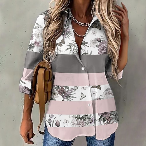 

Women's Blouse Shirt Blue Purple Pink Floral Color Block Button Print Long Sleeve Daily Weekend Streetwear Casual Shirt Collar Regular Floral S