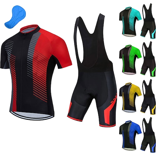 

21Grams Men's Cycling Jersey with Bib Shorts Short Sleeve Mountain Bike MTB Road Bike Cycling Green Sky Blue Red Stripes Bike Clothing Suit 3D Pad Breathable Quick Dry Moisture Wicking Back Pocket