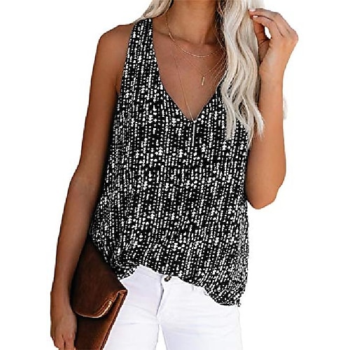 

CANIKAT Women's Summer Sexy V Neck Tank Tops Cute Printed Halter Cami Top Casual Loose Chiffon Sleeveless Blouse Shirts for Teen Girls Juniors Ladies Black M