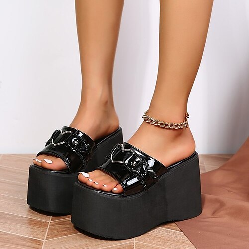 

Damen Mules Übergrössen Täglich Sommer Plattform Offene Spitze Casual PU Leder Halbschuhe Einfarbig Schwarz